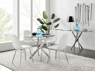 Furniturebox Novara Clear Tempered Glass 100cm Round Dining Table with Chrome Starburst Legs & 4 Corona Faux Leather Silver Leg Chairs in White