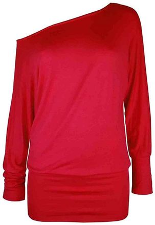 Crazy Girls Womens Long Sleeve One Off-Shoulder Plain Baggy Batwing Top UK8-24, Red, 2XL (UK 20-22)