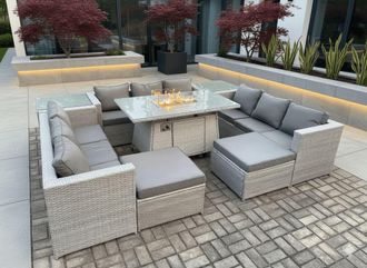 Fimous Outdoor Garden Dining Sets Rattan Furniture Gas Fire Pit Dining Table Gas Heater with 2 Side Tables Big Footstool in Light Grey