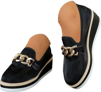 Generic Womens Suede Wedge Loafers Comfortable Slip On Platform Walking Shoes Cute Metal Chain Chunky Wedges Loafers for Women Non-Slip Round Toe Low Top Busi