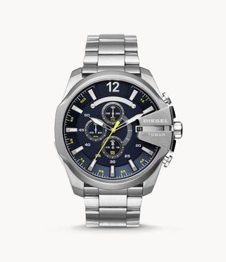Diesel Mens Mega Chief Chronograph, Silver Stainless Steel Watch
