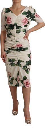 Dolce & Gabbana Womens White Roses Print Stretch Silk Pleated Dress