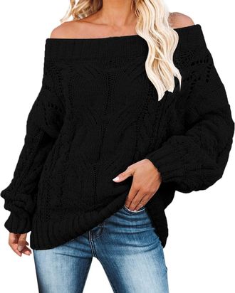 Generic Womens Off Shoulder Tops Long Sleeve Baggy Knit Pullover Sweater Basic Warm Jumper Tops Casual Loose Oversized Sweater Black