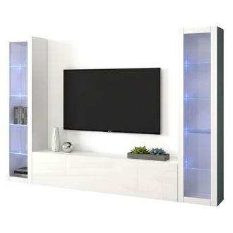 Dmora Pared Equipada Dduc, Conjunto De Sal&oacute;n Mueble De Tv Con 3 Puertas, Mueble De Sal&oacute;n Polivalente Con Vitrina Y Luz Led, 100% Made In Italy, Cm 260x30h18