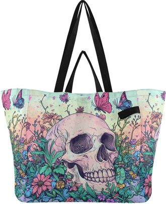 Generic Skull Flowers Butterflies Pink print Reusable Canvas Tote Bag, Heavy Duty Grocery Shopping Bag with Large Capacity Double Handles Hard Bottom Work Gro