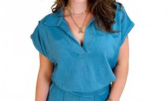 Bloomingdale's Mixed Texture Collared Top In Alpine Blue