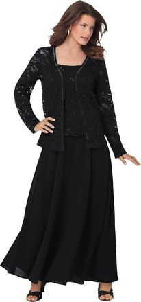 Roaman's Plus Size 2 Piece Long Sleeve Embellished Lace Jacket And Full Gown in Black at Nordstrom, Size 18