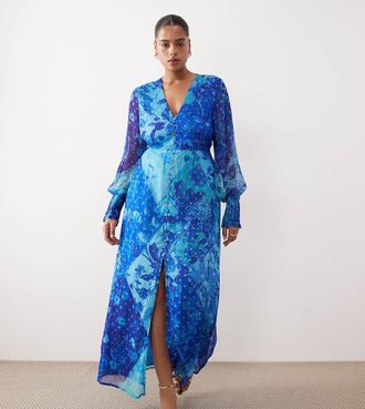 Hope & Ivy Vestito lungo a maniche lunghe blu a fiori con scollo a V e bottoni sul davanti