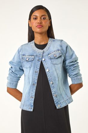 Roman Pearl Detail Collarless Jacket