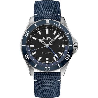 Mido Ocean Star GMT Automatic Canvas Strap Watch, 44mm in Blue/Silver at Nordstrom