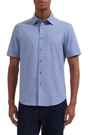 Bugatchi Miles OoohCotton Flamingo Print Short Sleeve Button-Up Shirt in Cobalt at Nordstrom, Size Xxx-Large