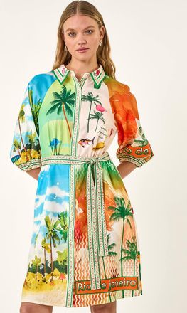 Roman Landscape Print Tie Waist Shirt Dress