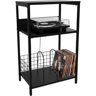 Relaxdays Relaxdays record player stand, 3 tiers, dividers, H x W x D: 65 x 40 x 30 cm, iron & MDF, black