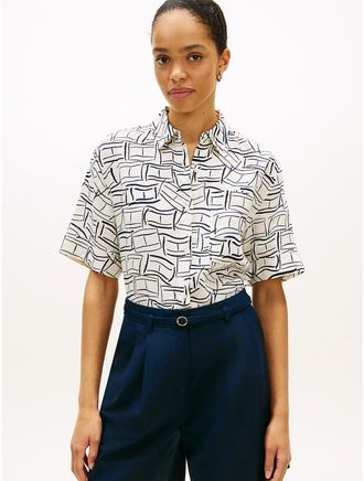 Tommy Hilfiger Womens Short-Sleeve Linen Shirt - White - XS