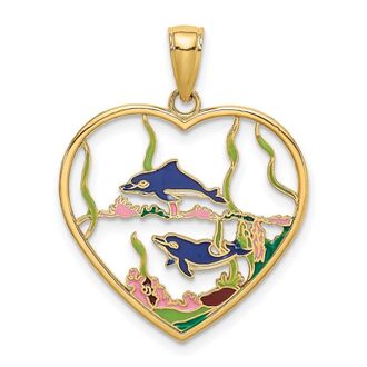 Diamond2Deal 14k Yellow Gold Enamel Dolphins In Heart Charm