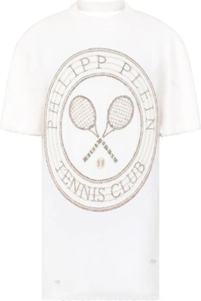 Philipp Plein Open Back T-Shirt Mini Jurk Tennis Club - Dames - Korte kleedjes - Wit - M - Katoen - Kleedjes