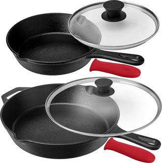 MegaChef Pre-Seasoned 6 Piece Cast Iron Skillet Set with Lids and Red Silicone Holders