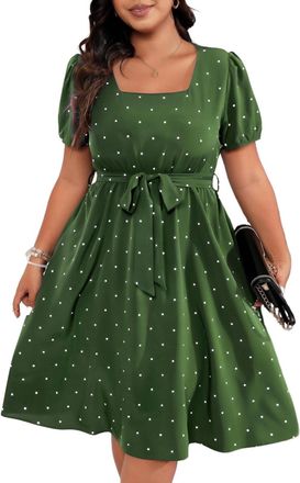 Generic Plus Size Dresses for Women UK Square Neck Short Sleeve Midi Dress Vintage Polka Dots Tie Waist Casual Summer Loose Dresses Party Beach Boho Knee Leng