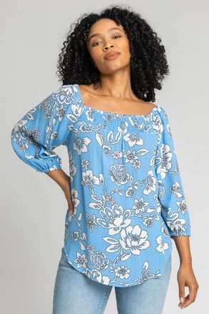 Roman Floral Print Bardot Top