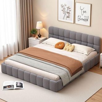 OEM Cama Doble 140x190 - Lino Natural - Cabecera Acolchada - Madera Maciza - Gris Elegante