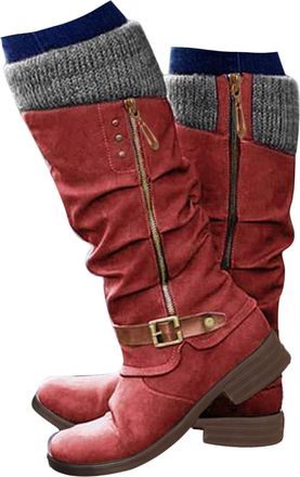 Generic Knee High Boots for Women 2025,Sweater Knitted Cuff Fashion Side Zip Buckles Winter Boot Chunky Heel Round Toe Comfortable Walking Hiking Booties Outd