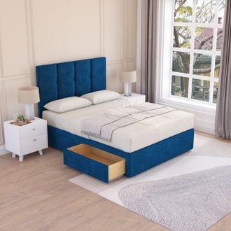 Sloomy Jasmine Plush Velvet Memory Foam Bed Set With 2 Drawers, Mattress & Headboard in Navy | Size: Single