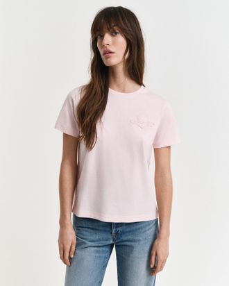 GANT T-Shirt GANT REG TONAL SHIELD SS T-SHIRT, Damen, Gr. XXL, rot (salmon), Single Jersey, Obermaterial: 100% Baumwolle, regular fit, Rundhals, Shirts T-S