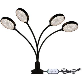 OEM L&aacute;mpara De Cultivo Led De 4 Cabezales, Espectro Completo, Luz Blanca, Temporizador De 4/8/12 H, 5 Niveles De Brillo, Con Clip -crezuo