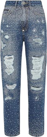 Philipp Plein Denim Broek Boyfriend Fit Crystal - Dames - Cropped Jeans - Blauw - W28 - Denim - Jeans