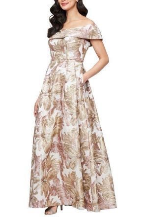Alex Evenings Metallic Floral Jacquard Off the Shoulder Gown in Taupe Multi at Nordstrom, Size 18