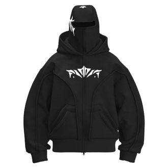 Generic Balaclava Hoodie Men Full Zip Ski Face Masked Hoodie Y2K Double Hooded Baggy Oversized Sweatshirt Grunge Streetwear Winter Jacket Black