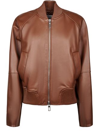 Sportmax Cropped Leather Jacket with Ribbed Details and Zippered Accents