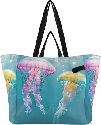 Generic Jellyfish Pink print Reusable Canvas Tote Bag, Heavy Duty Grocery Shopping Bag with Hard Bottom Large Capacity Double Handles Work Groceries Travel