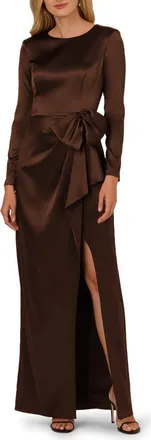 Adrianna Papell Side Bow Long Sleeve Stretch Satin Gown in Chocolate at Nordstrom, Size 14