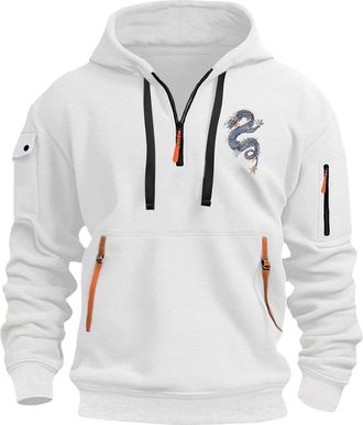 Generic Quarter Zip Dragon Printed Hoodies for Men, Autumn and Winter Cargo Long Sleeve Multi Pockets Hooded Sweatshirts Outdoors Comfy Workout Big & Tall Top