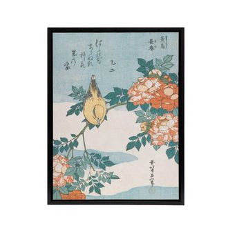Artery8 Bush Warbler & Roses Framed Canvas Wall Art Print Katsushika Hokusai in Orange | Size: W24 x H32