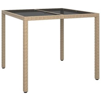 Berkfield Home Garden Table 90x90x75 cm Tempered Glass & Poly Rattan Beige | Size: 90 x 90 x 75 cm