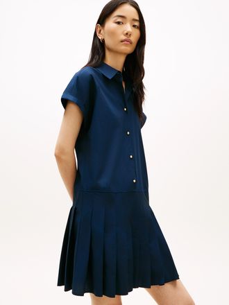 Tommy Hilfiger Shirtkleid TOMMY HILFIGER POPLIN PLEATED SHORT SS DRESS, Damen, Gr. L (42/44), N-Gr, schwarz night navy, Jersey, Obermaterial: 100% Baumwolle, unifarb