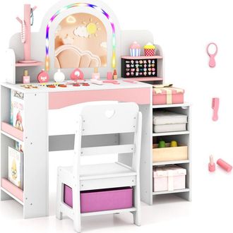 Costway Kids Vanity Set with LED Lights 86x39x104cm MDF Dressing Table and Chair White