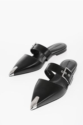 Alexander McQueen Leather Pointed-Toe Clogs With Buckle size 36