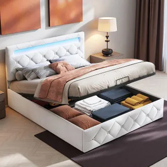OEM Cama Lit 140x200 De Terciopelo Beige Con Led Regulable, Mec&aacute;nica Hidr&aacute;ulica, Cabecera Ajustable, Somier Incluido