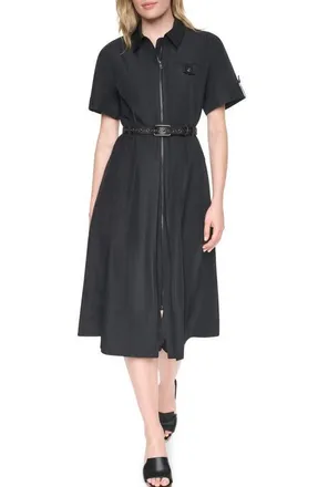 DKNY Zip Front Taffeta Shirtdress in Black at Nordstrom, Size 16