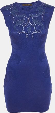 Roberto Cavalli Blue Embroidered Stretch Knit Mini Dress