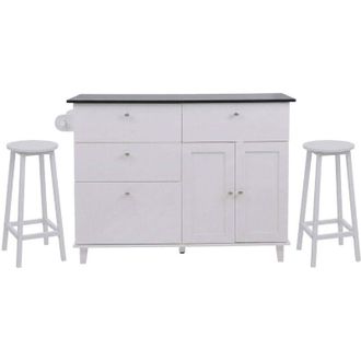 Hhg [NON UTILIZZATO] Isola cucina HHG-692 con 2 sgabelli, credenza con cassetti e scomparti MDF 90x131x47 cm, bianco, legno chiaro