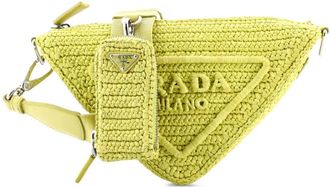 Prada Gehaakte raffia kleine crossbodytas met logo en rits - Geel