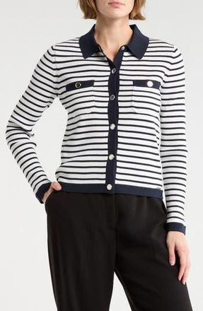 Elie Tahari Stripe Rib Knit Cardigan in Egret/Dark Sapphire at Nordstrom Rack, Size X-Large