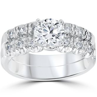 Pompeii3 1 Carat Diamond Engagement Ring Matching Wedding Band Prong Set 14K White Gold Size Selectable