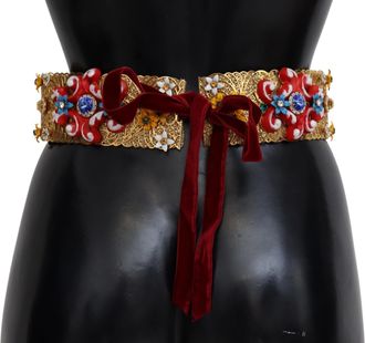 Dolce & Gabbana Womens Embellished Floral Crystal Wide Waist Carretto Belt Gold Nylon