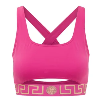 Versace Sleeveless Tops, female, Pink, Size: S Bikini Top with Greca Border