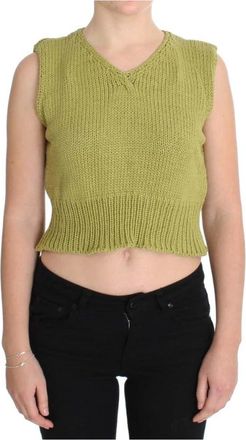 Pink Memories Elegante groene mouwloze gebreide vest - Dames - V-hals truien - Groen - ONE Size - Katoen - Truien & Vesten